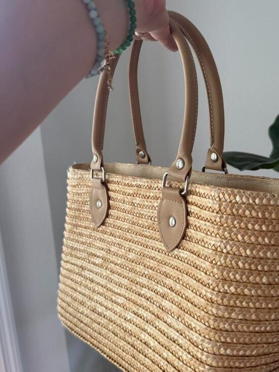 Handbags - Summer Straw Tote Bag with Pink Glitter Cherry Charm